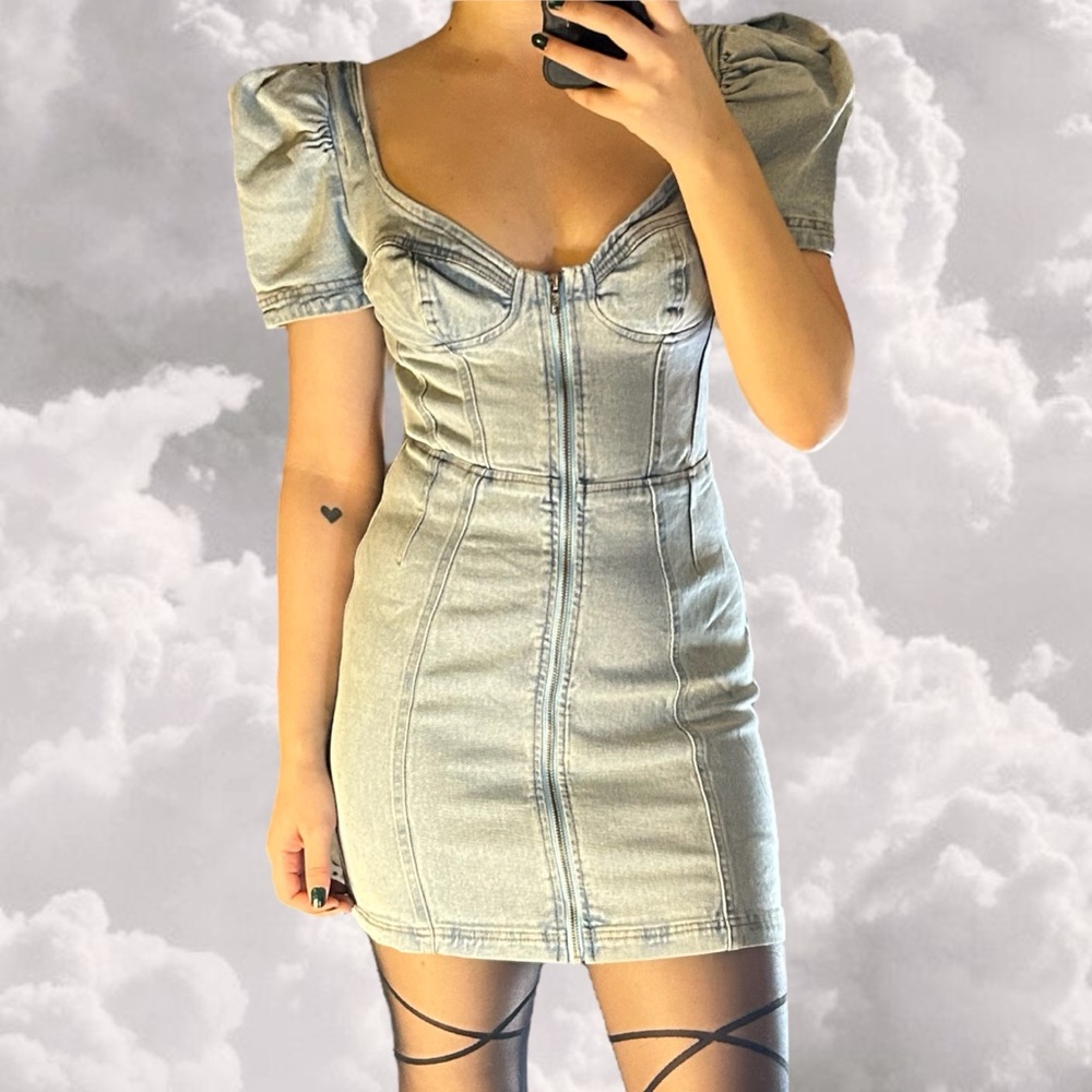 Denim puff sleeve bodycon zip up glam dress